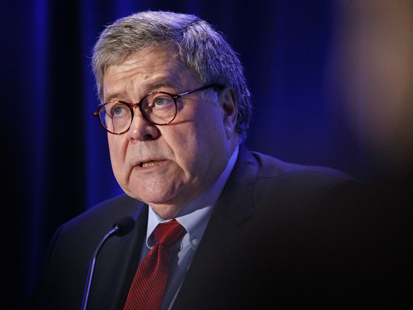 caption: Attorney General William Barr announced an update in the investigation of the deadly shooting last month at a naval base in Pensacola, Fla. He said Monday: "This was an act of terrorism."