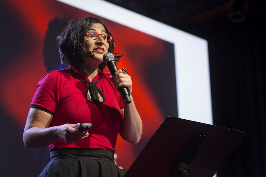 caption: Negin Farsad performs at TEDWomen2015, May 29, 2015.