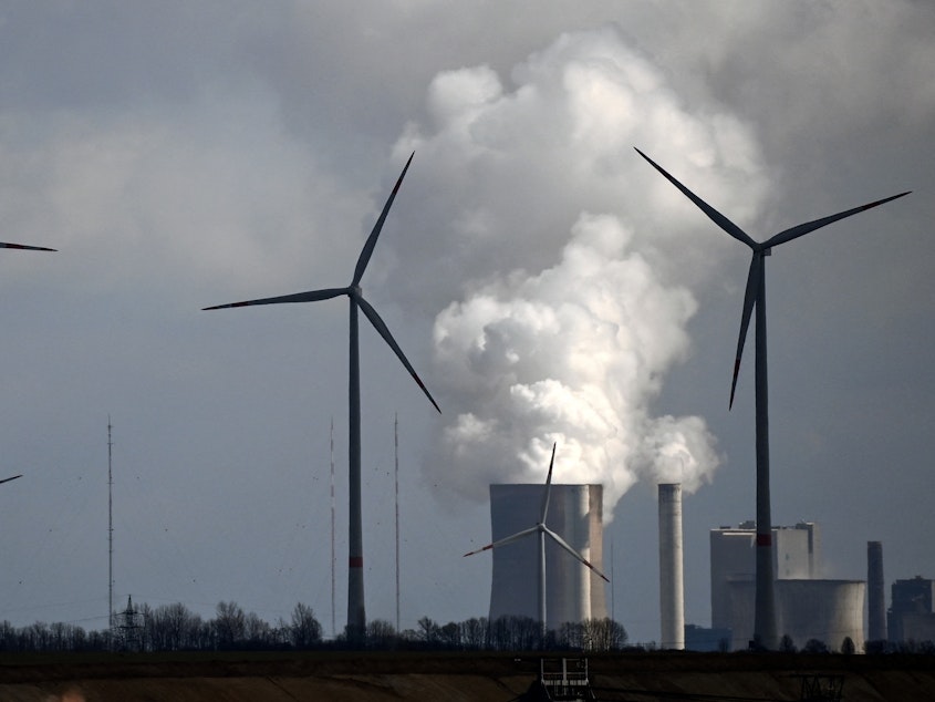 caption: A new study finds that common climate change terms can be confusing to the public. That includes phrases that describe the transition from fossil fuels to cleaner sources of energy. Here, wind turbines operate near a coal-fired power plant in Germany.