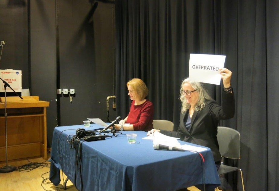 caption: Mayoral candidates Jenny Durkan (left) and Cary Moon (right) enjoy the lightening round