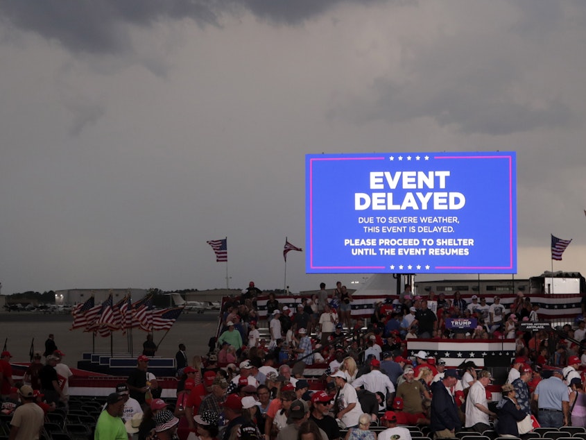 caption: Supporters of former President Donald Trump file out of the rally after it was canceled due to threatening weather in Wilmington, N.C., Saturday, April 20, 2024.