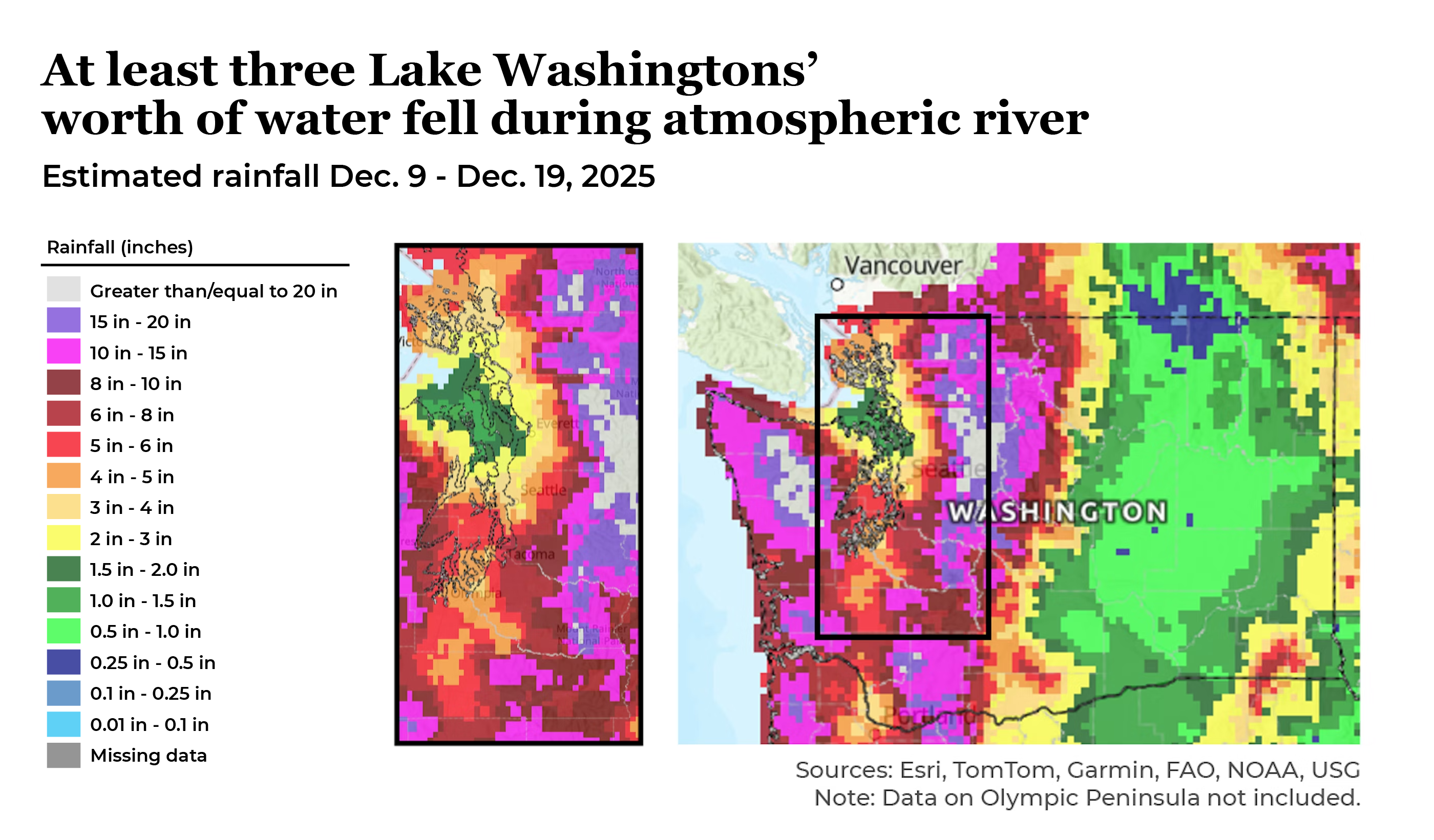 caption: Nine million acre-feet of water fell on flooded parts of Western Washington over 10 days in December 2025. That number captures rainfall from Dec. 9-19, yet doesn’t capture the total amount of rainfall over all of Western Washington. Rather, it’s just how much fell in 17 watersheds KUOW identified east of Puget Sound, from the Nooksack River down to the Lewis River, which experienced heavy flooding. It also doesn’t include everywhere that saw flooding in Washington state, such as Grays Harbor County.
