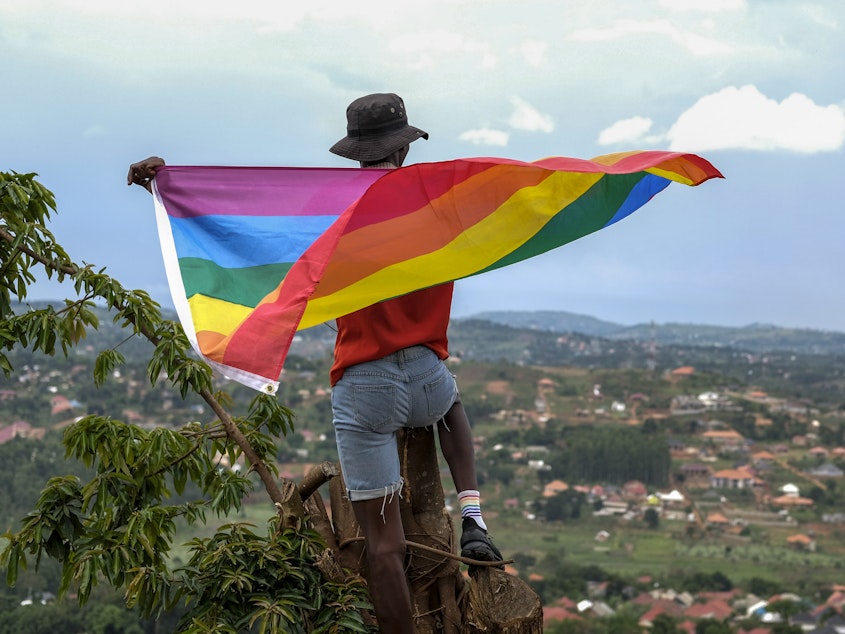 caption: A gay Ugandan man holds a pride flag as he poses for a photograph in Uganda in March.