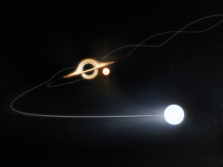 caption: An artists impression of a black hole flinging a hypervelocity star out of the Large Magellanic Cloud.