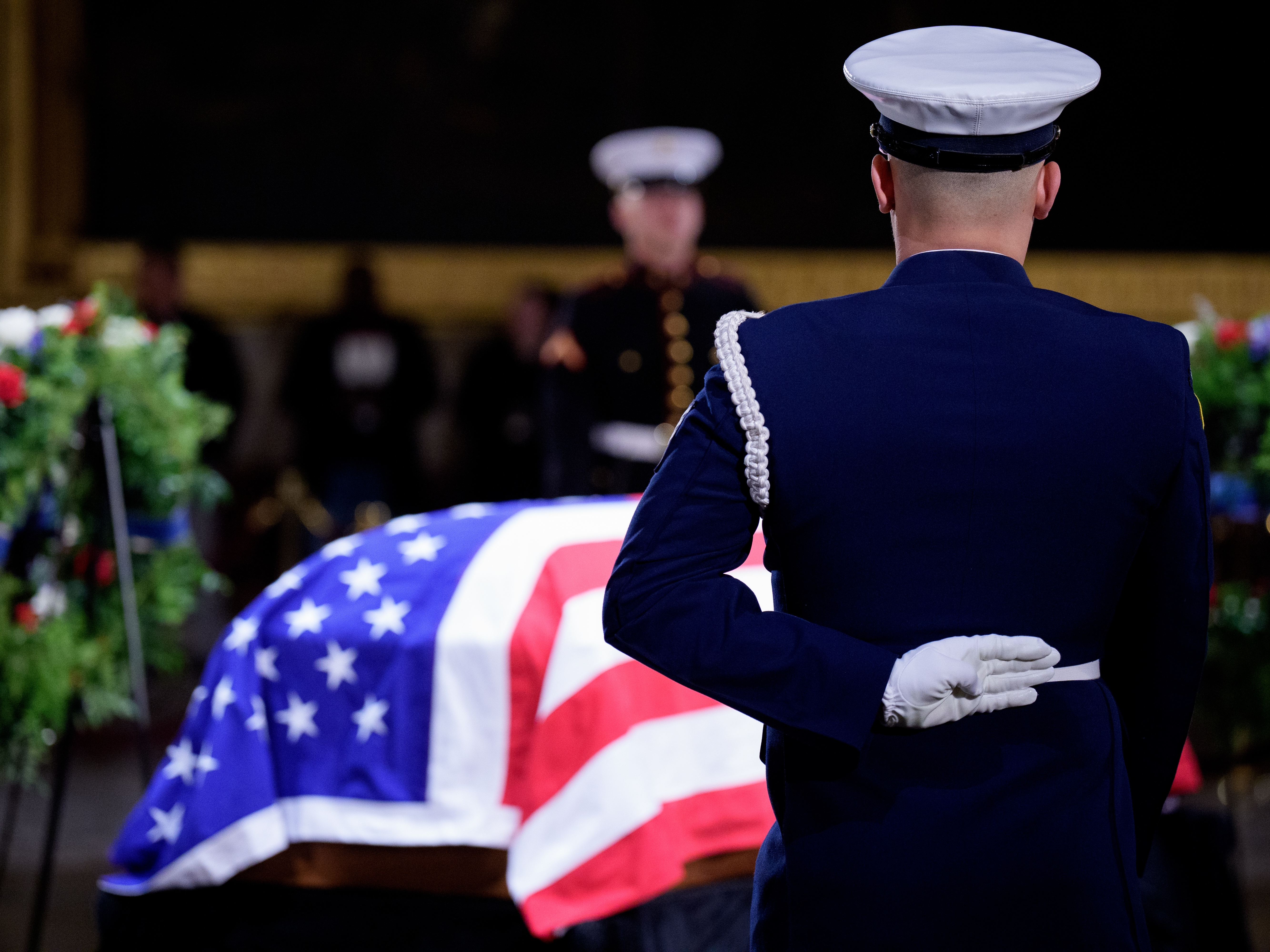 caption: WASHINGTON, DC - JANUARY 8: The flag-draped casket of former U.S. President Jimmy Carter lies in state in the U.S. Capitol Rotunda on January 8, 2025 in Washington, DC. Carter, the 39th President of the United States, died at the age of 100 on December 29, 2024 at his home in Plains, Georgia. (Photo by Andrew Harnik/Getty Images)