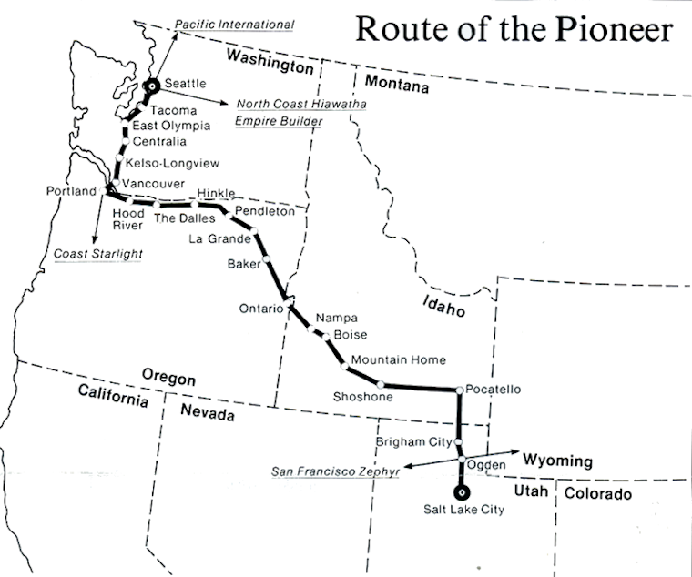 caption: Map of the Amtrak Pioneer route from 1977.