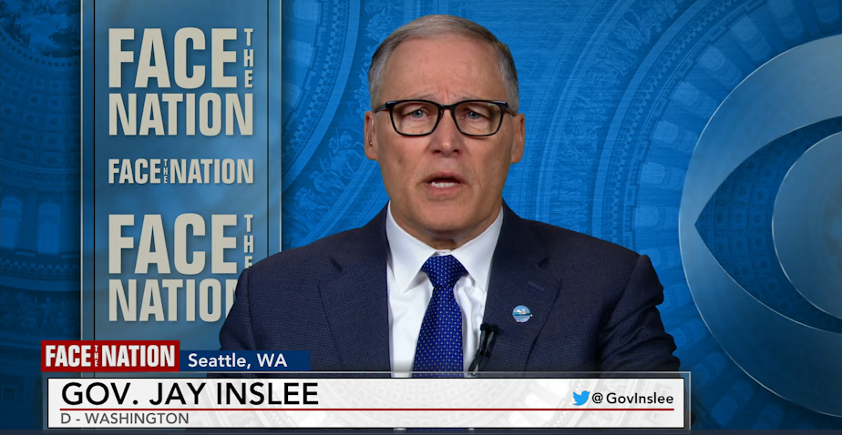 caption: Gov. Jay Inslee appears on CBS program "Face the Nation" on Sunday, March 8, 2020 to discuss social distancing measures that could be ahead for slowing the spread of coronavirus in Washington state. 