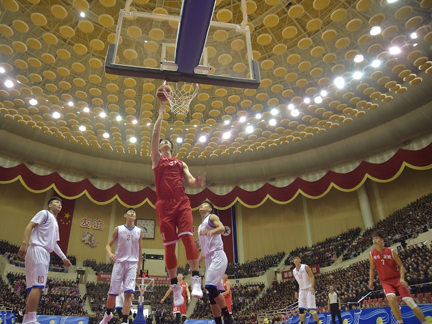 caption: A joint China-North Korea basketball game in Pyongyang in October.