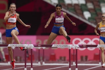 caption: Sydney Mclaughlin, of the United States, wins the women's 400 meter hurdles final at the Summer Olympics in Tokyo.