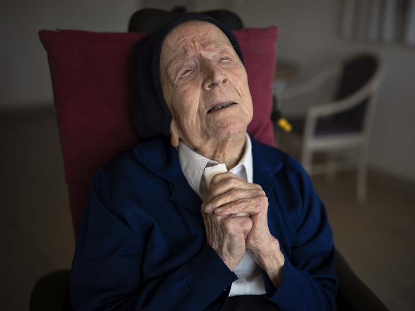 caption: Sister André poses for a portrait at the Sainte Catherine Laboure care home in Toulon, southern France, on April 27, 2022. With her death, the oldest living person is now Maria Branyas Morera of Spain at age 115.