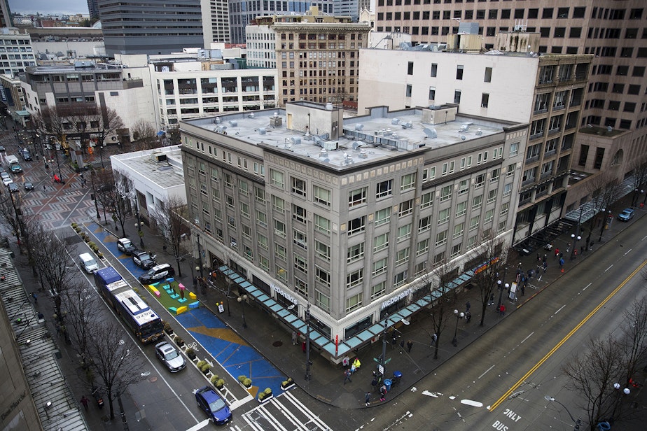 caption: The intersection of 3rd Avenue and Pine Street is shown on Thursday, January 22, 2020, less than 24 hours after a shooting that left multiple victims injured and one dead in Seattle.