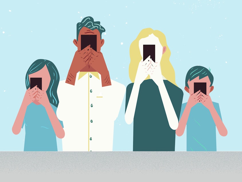 Illustration of young people holding their cell phones up to their face