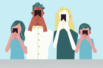 Illustration of young people holding their cell phones up to their face