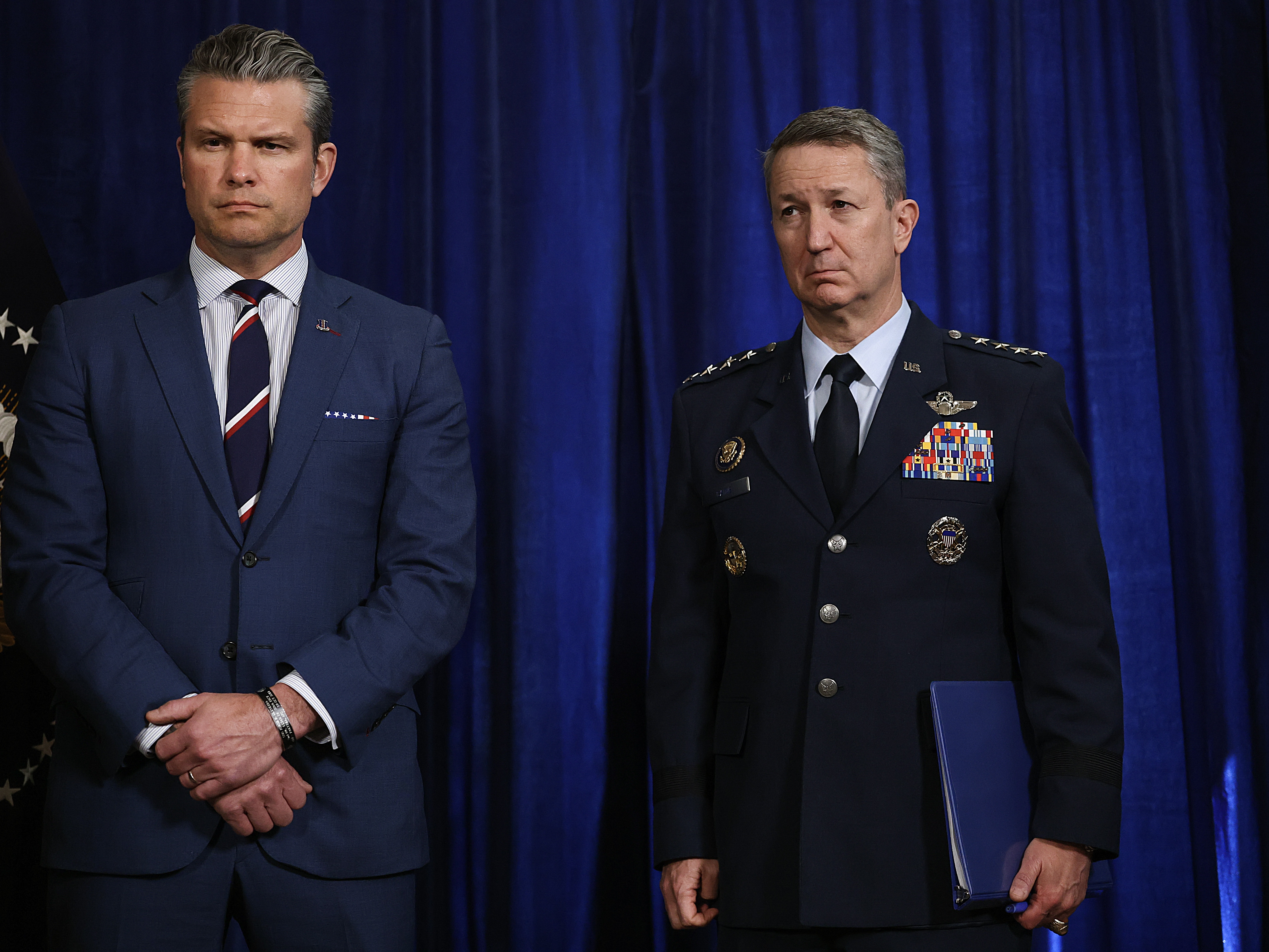 caption: Pentagon chief Pete Hegseth and Dan Caine, chair of the Joint Chiefs of Staff, seen here in January, detailed the U.S. operation against Iran.
