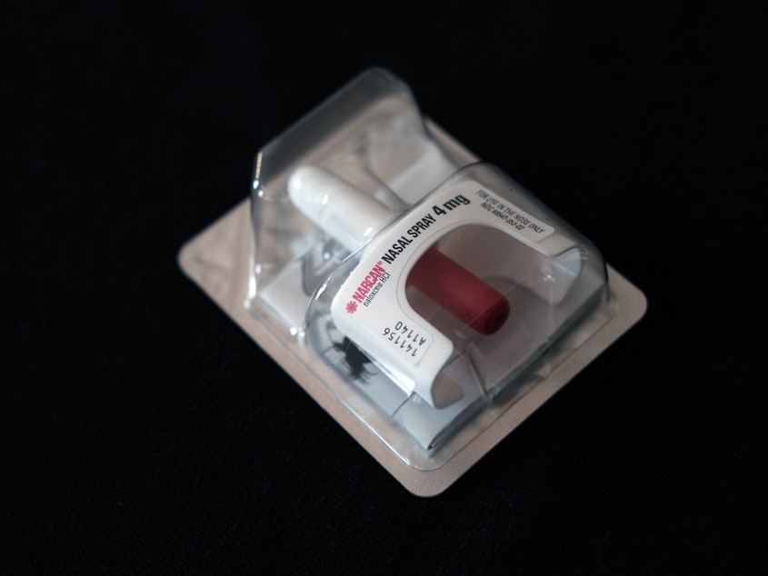 caption: The Food and Drug Administration is weighing a decision to make naxolone, pictured here in nasal spray form as Narcan, available over the counter without a prescription.