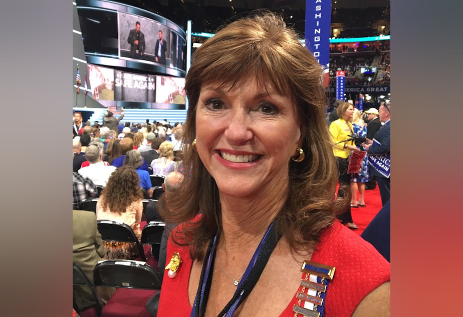 caption: Susan Hutchison, chair of the Washington state Republican Party, at the GOP convention in Cleveland.