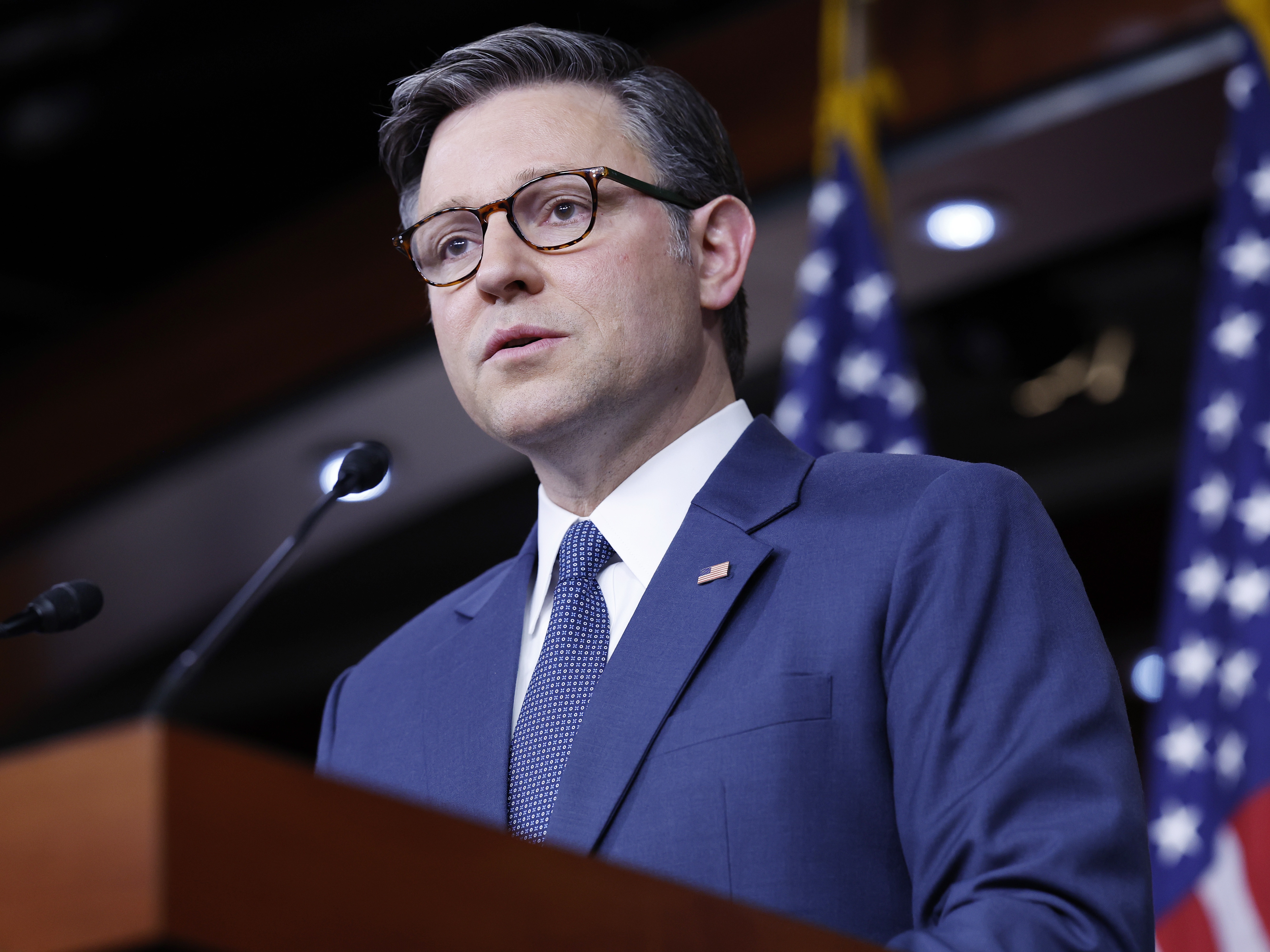 caption: House Speaker Mike Johnson said he didn't like short term spending bills but vowed the House would work through full year funding measures after the election.