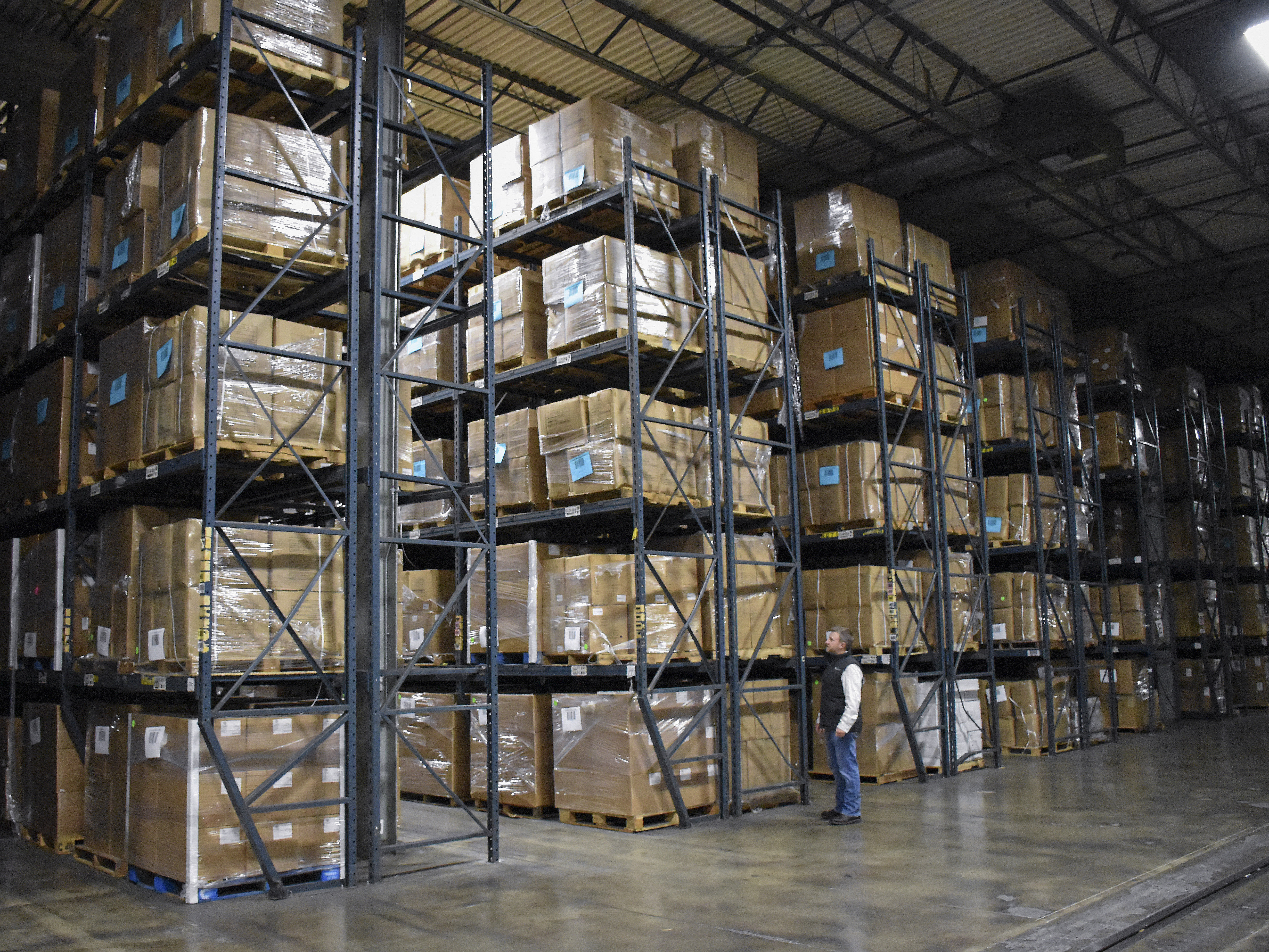 caption: Boxes of personal protection equipment maintained by the Missouri Department of Health and Senior Services are shown stacked in a warehouse in Jefferson City, Mo., on Dec. 1, 2023.