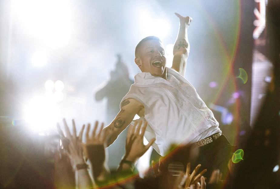 caption: Macklemore performs at Rhode Island's first-ever Recovery Fest 2018, a drug-and-alcohol free event at McCoy Stadium in Pawtucket, RI on September 29, 2018. Recovery Fest 2018 allowed those in recovery, their families, and those supporting them to stand together and celebrate recovery through the healing power of music. 