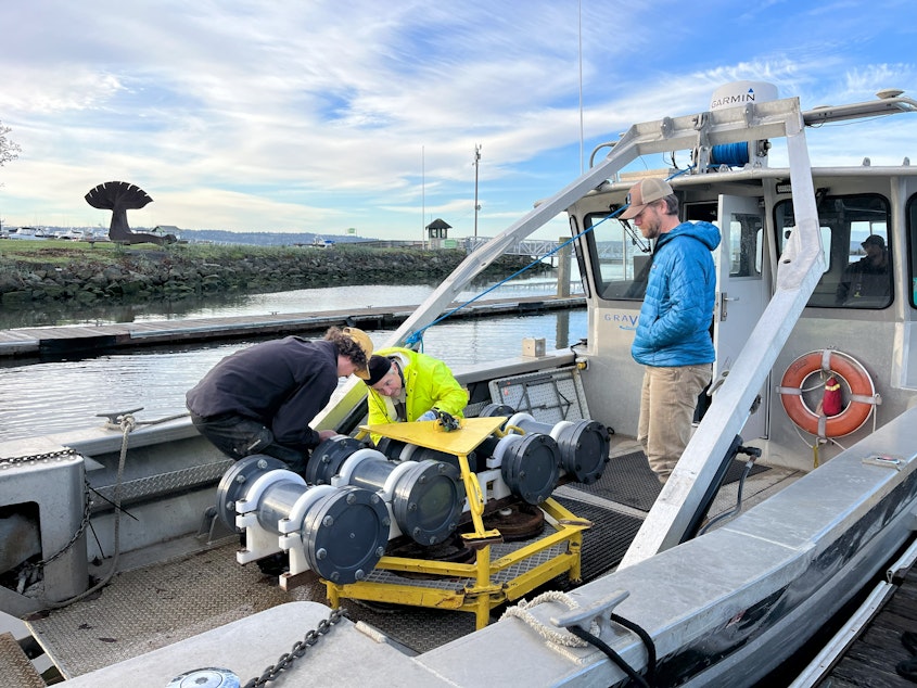 caption: SMRU science consultants and Gravity Marine staff assemble a hydrophone to monitor noise pollution during the Quiet Sound slowdown.
