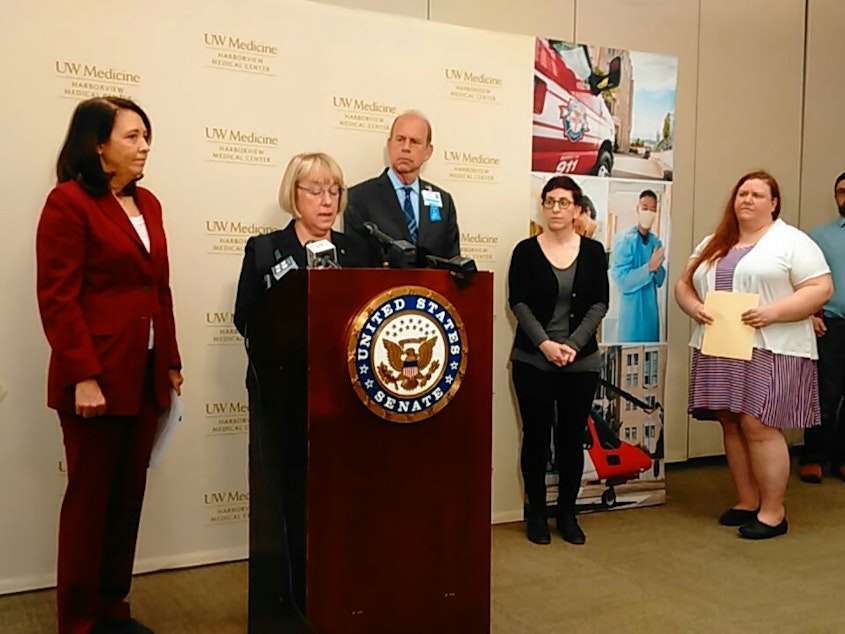 caption: At a news conference at Harborview Medical Center, Sen. Patty Murray says 'Trumpcare is headed straight to a dead end in the Senate.' With her are Sen. Maria Cantwell (left) and Harborview chief Paul Hayes.
