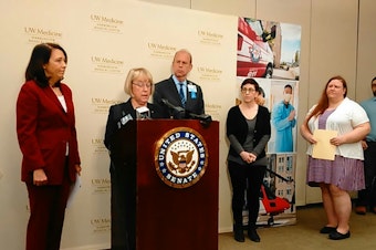 caption: At a news conference at Harborview Medical Center, Sen. Patty Murray says 'Trumpcare is headed straight to a dead end in the Senate.' With her are Sen. Maria Cantwell (left) and Harborview chief Paul Hayes.