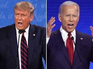 caption: There's no guarantee Donald Trump, Joe Biden or Nikki Haley will share a debate stage this year.