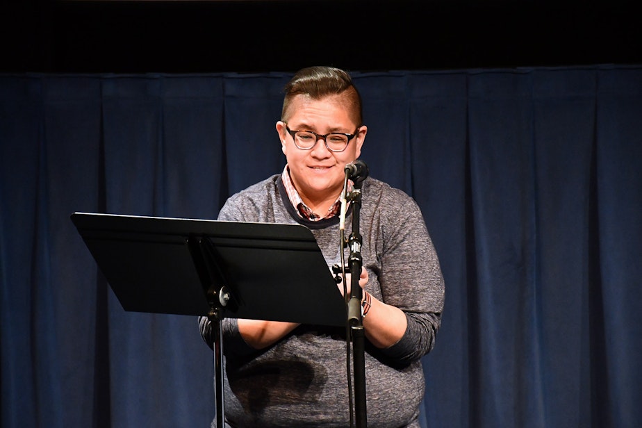 caption: Erica Hilario performs her story, "Twinkle Twinkle Little Star," at KUOW's Stories from THE WILD event on Friday, October 11, 2019, at McCaw Hall in Seattle.