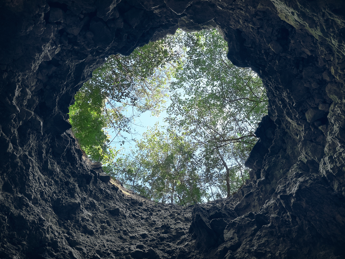 View from inside a cave looking out.