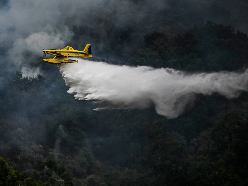 caption: A firefighter aircraft drops water in a wildfire in Portugal on Saturday.