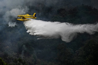 caption: A firefighter aircraft drops water in a wildfire in Portugal on Saturday.