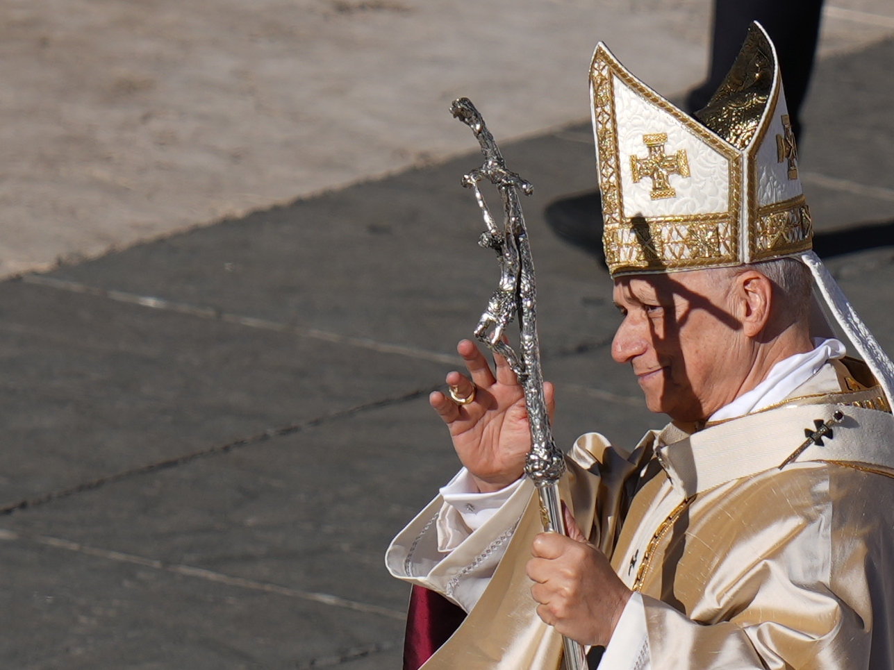 caption: Pope Leo XIV leaves after a Mass for the Jubilee of the Choirs in St. Peter's Square, at the Vatican, Sunday, Nov. 23, 2025.