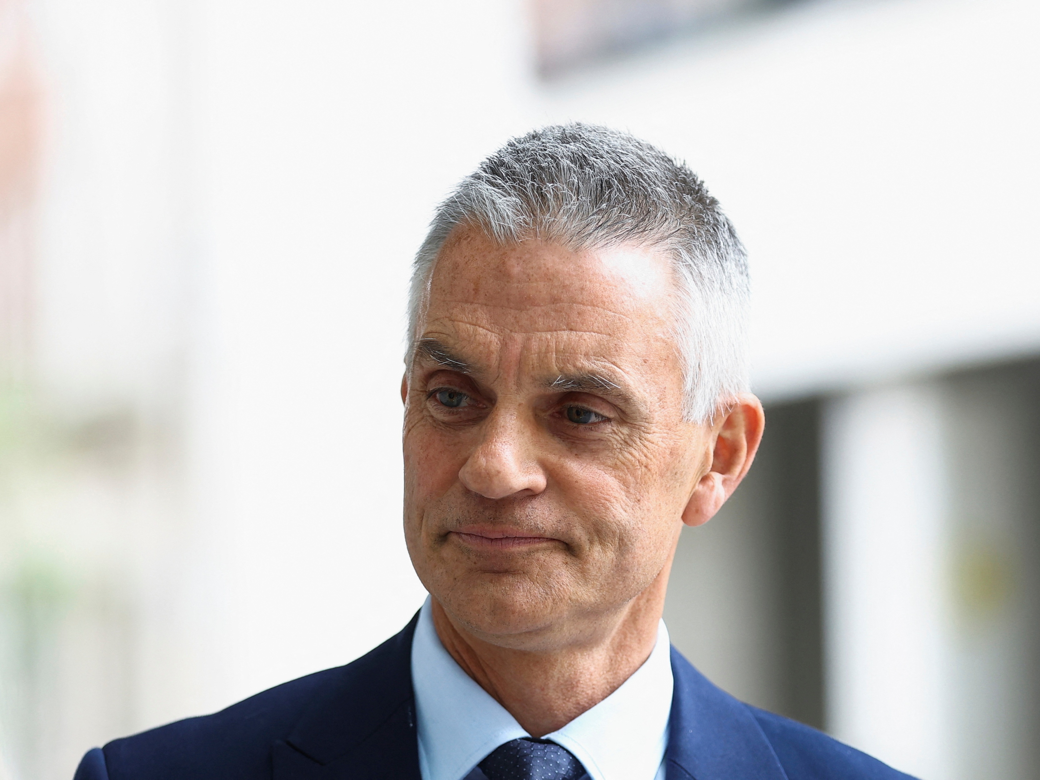 caption: BBC Director-General Tim Davie is pictured at BBC World Service offices in London, Thursday, April 28, 2022.