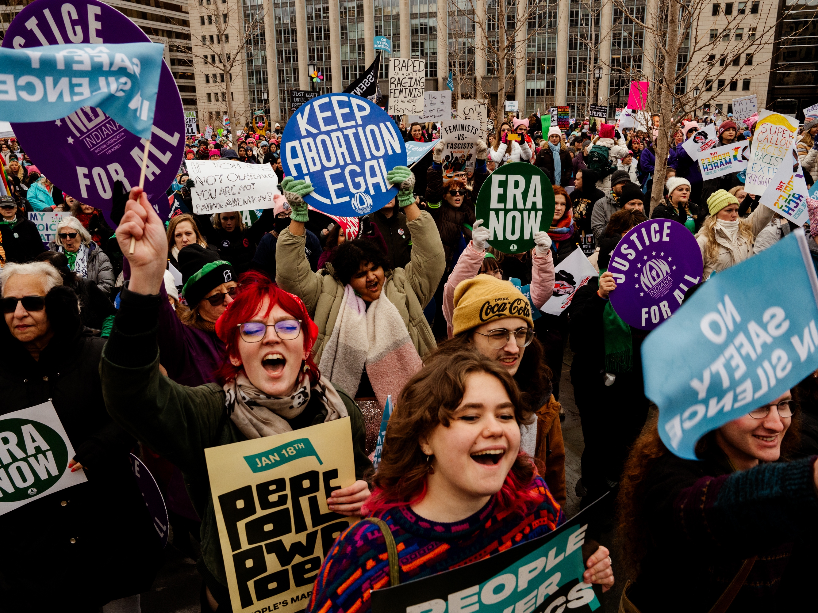 caption: Thousands gather to protest Donald Trump's inauguration as the 47th president of the United States and other related issues during the People's March on Jan. 18, in Washington D.C.