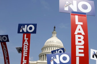 caption: People with the group No Labels hold signs during a rally on Capitol Hill in Washington, D.C., on July 18, 2011.