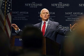 caption: Former Vice President Pence spoke at a "Politics and Eggs" event in New Hampshire on Wednesday and said he would consider an invitation to testify to the House Jan. 6 committee.