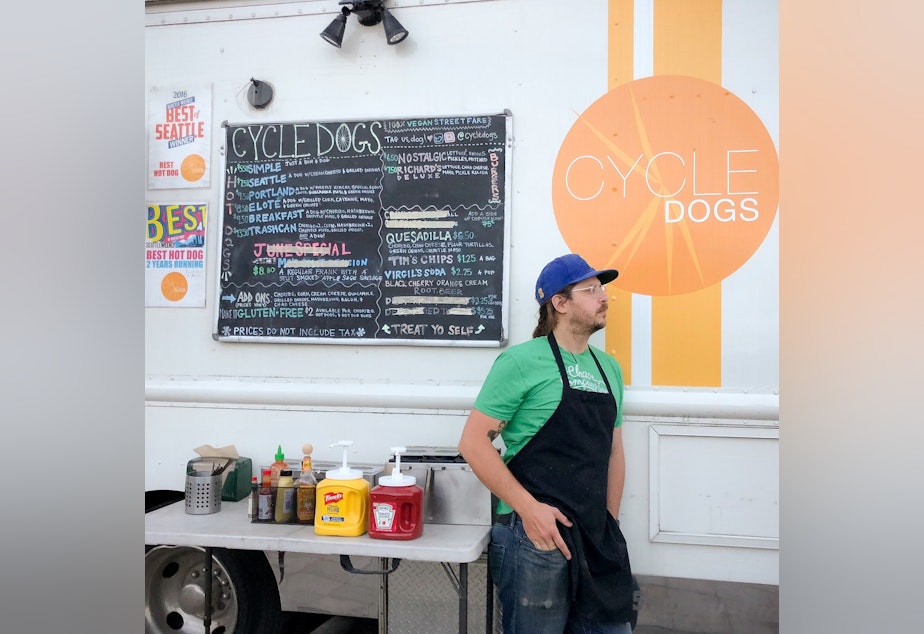 caption: Outside Cycle Dogs, listener Mara Dillinger's favorite spot to get a Seattle dog (that's the one with cream cheese).