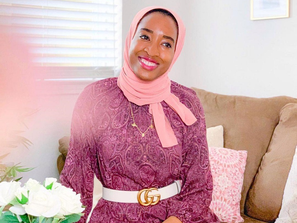 caption: Fatima Ibrahim wears Haute Hijab's recycled chiffon hijab on Eid al-Fitr.