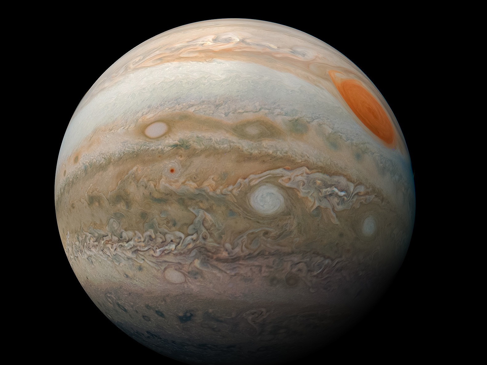 caption: A view of Jupiter's Great Red Spot and turbulent southern hemisphere was captured by NASA's Juno spacecraft in 2019.