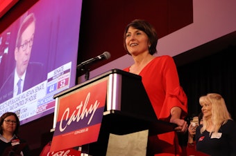 caption: Cathy McMorris Rodgers gives her victory speech after claiming an eighth term as a US Representative for Washington's 5th District.