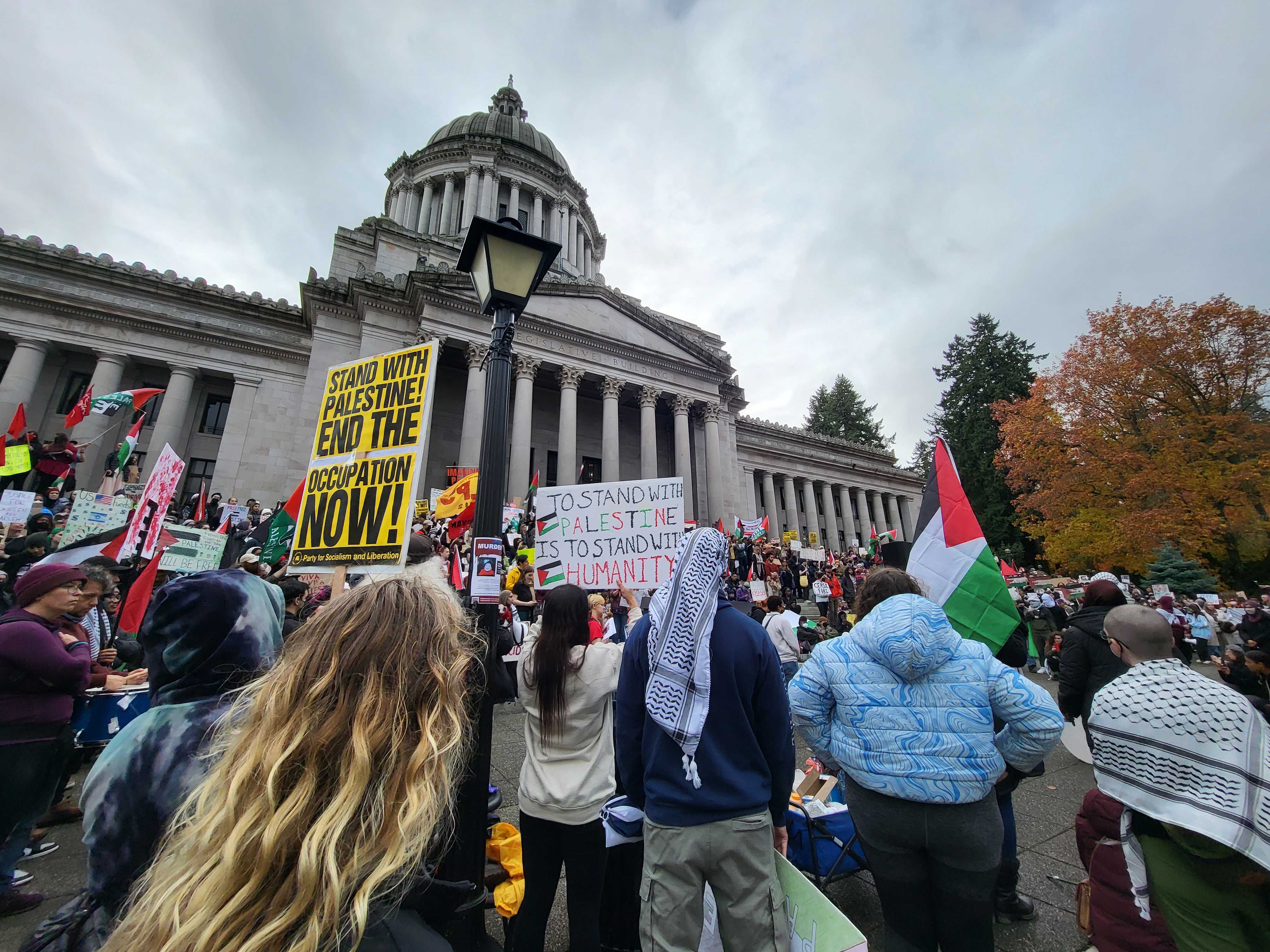 caption: Hundreds of people marched to the capitol in Olympia, Saturday, Nov. 4, 2023 to show support for Palestinian people and call for a ceasefire in Gaza. 