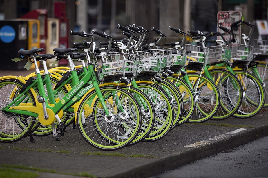 caption: Bike share bikes in Seattle