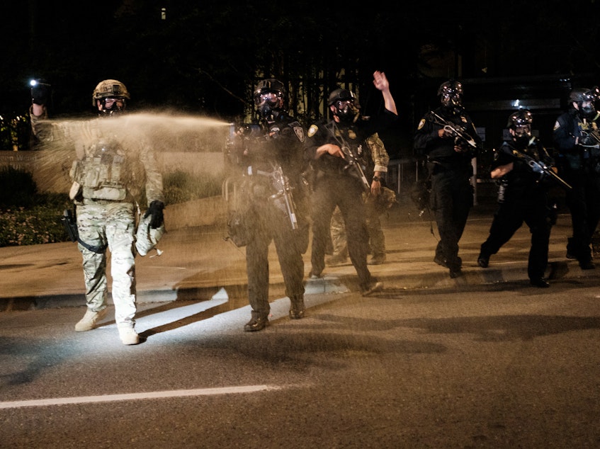 caption: Federal officers use tear gas and other crowd dispersal munitions on protesters outside the Multnomah County Justice Center on July 17 in Portland.