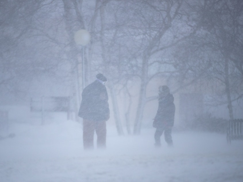 caption: Two people braving blizzard conditions in Duluth, Minn., on Saturday.