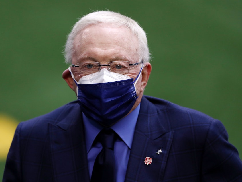 caption: Jerry Jones, owner of the Dallas Cowboys, looks on prior to a game against the Pittsburgh Steelers at AT&T Stadium on Nov. 8, 2020, in Arlington, Texas. An oil company in which he is the majority shareholder said it had hit the "jackpot" as natural gas prices surged during the winter storms.