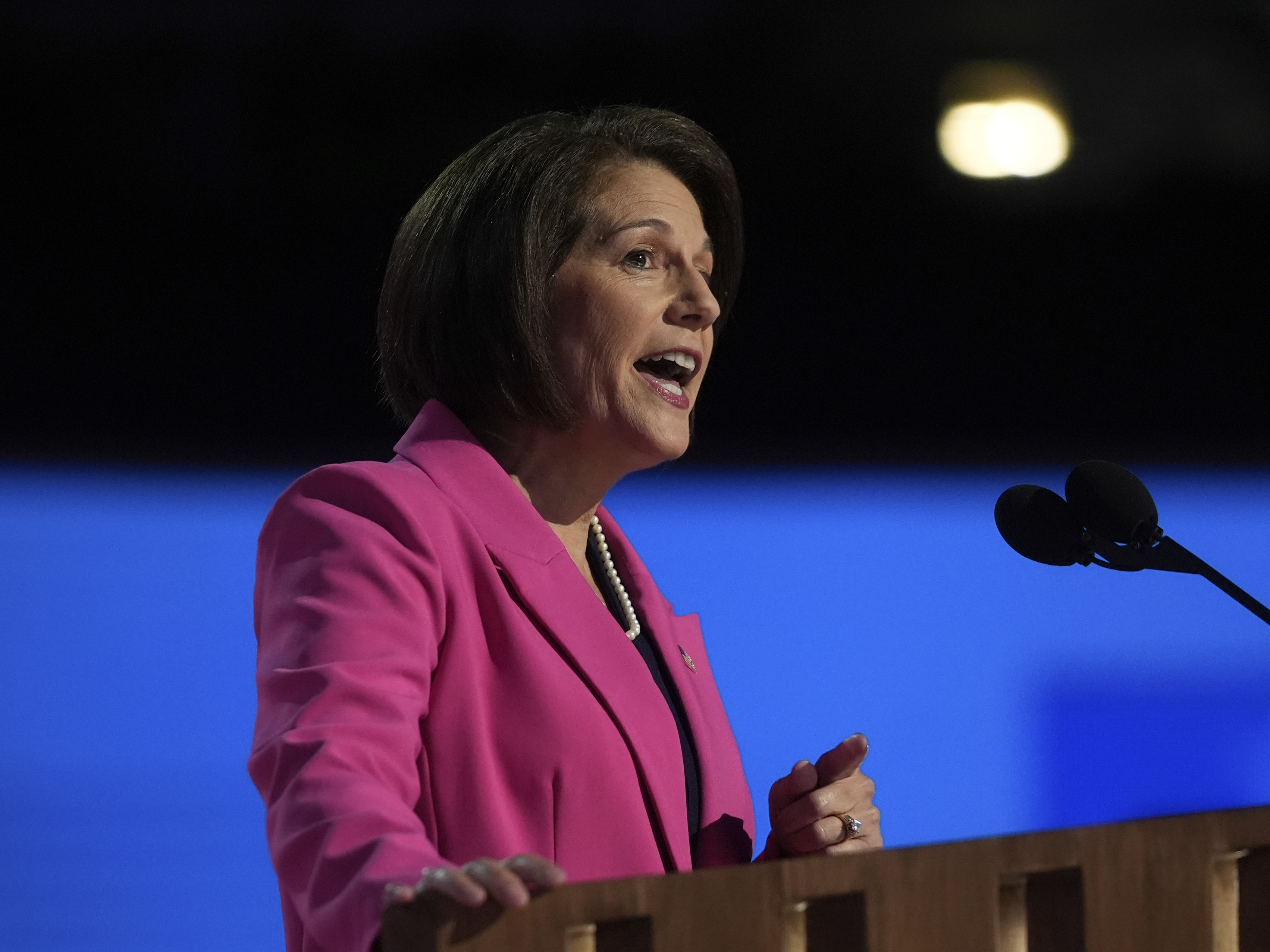 caption: Sen. Catherine Cortez Masto, D-Nev., speaks during the Democratic National Convention Wednesday, Aug. 21, 2024, in Chicago.