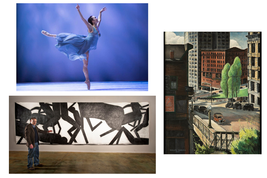 caption: Clockwise from upper left: Noelani Pantastico in Roméo et Juliette, Kenjiro Nomura's Yesler Way 1934, and Michael Spafford with one of his paintings.