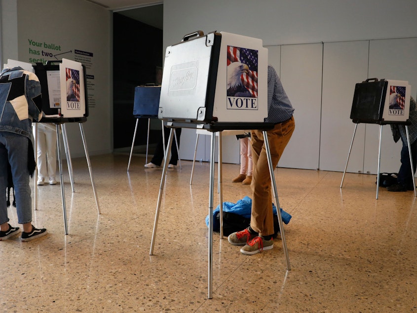 caption: People cast their early ballots for the 2022 general election at the Ann Arbor, Michigan city clerk's satellite office on the campus of the University of Michigan, on the eve of the U.S. midterm elections.