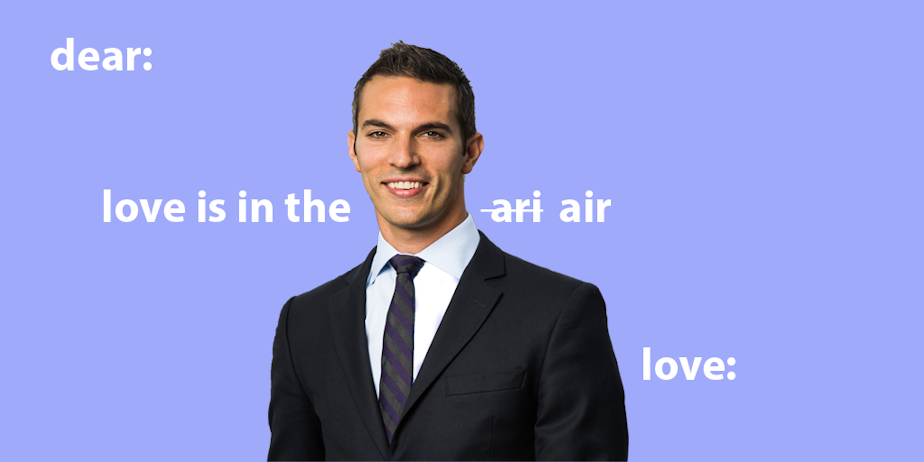 purple valentine that features Ari Shapiro in a suit, looking straight forward. it reads "dear: love is in the ari -strikethrough- air tonight love:"