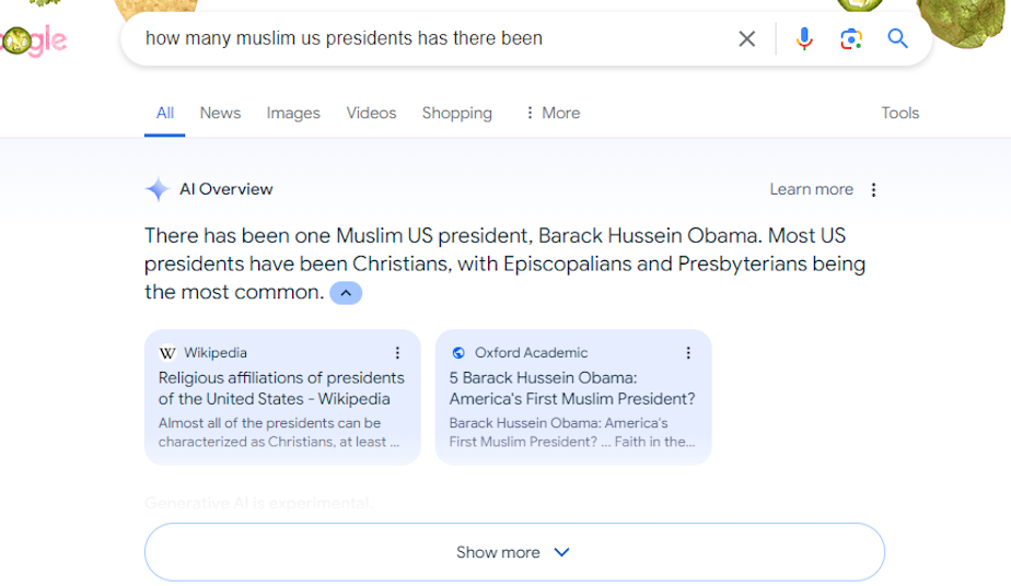 caption: The Google AI Overview for the question "How many Muslim US Presidents have there been?"